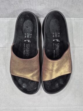 Birkenstocks Tatami slide sandals women's 8 gold metallic burgundy leather black